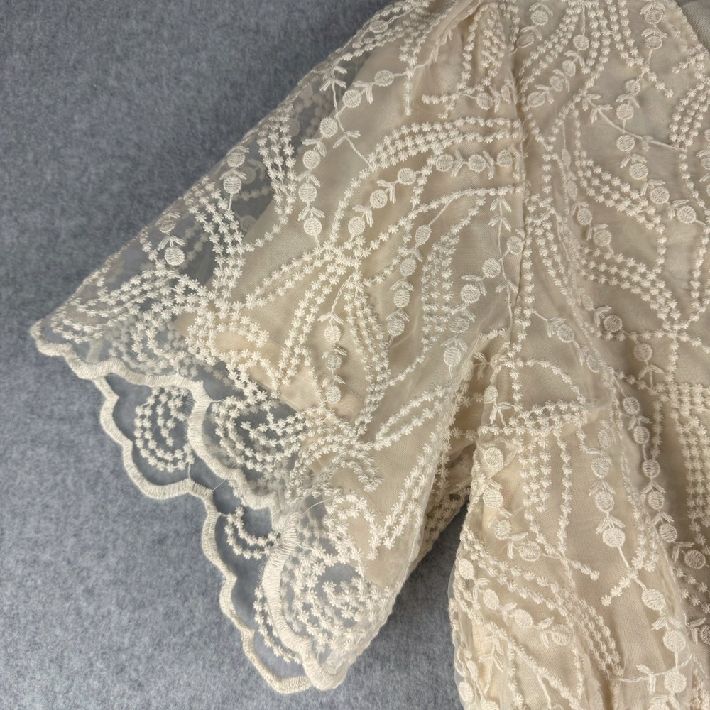 Polagram Beige Embroidered Mesh Midi Dress M Cottagecore Boho Prairie Romantic